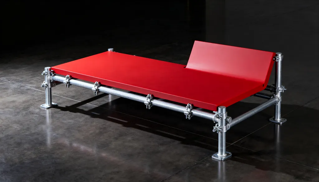 Concept image: a lounge chair built from galvanised scaffolding tube with a red rubber seat